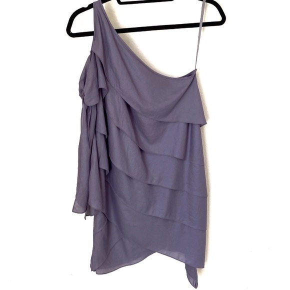 BCBG Gray 1 Shoulder Tie Sleeve Ruffle Layer Dress - Picture 3 of 10